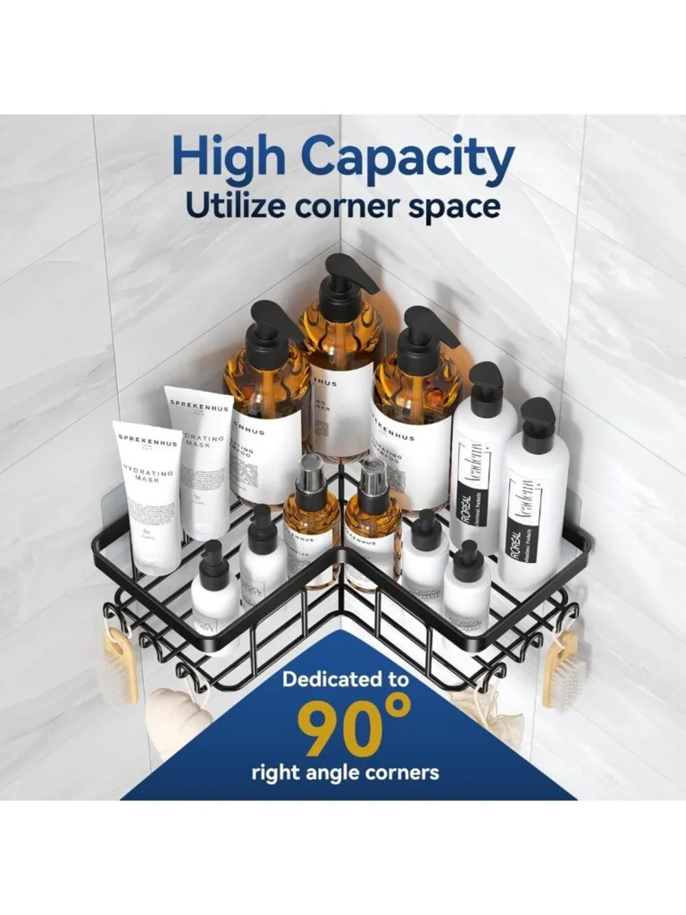 Rustproof Corner Shower Caddy with Soap Holder & 12 Hooks, Wall-Mounted